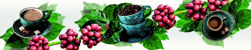 Изображение для стеклянного кухонного фартука, скинали: листья, посуда, кофе, ягоды, кружка, fartux663