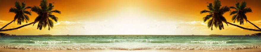 Изображение для стеклянного кухонного фартука, скинали: закат, море, пальмы, пляж, skin332