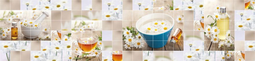 Изображение для стеклянного кухонного фартука, скинали: цветы, посуда, чай, коллаж, ромашки, кружка, skinap128