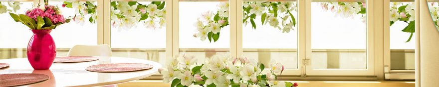 Изображение для стеклянного кухонного фартука, скинали: цветы, ваза, яблоня, окно, fartux1008