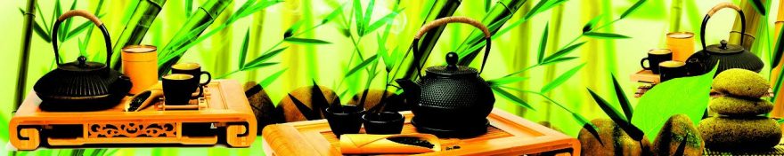 Изображение для стеклянного кухонного фартука, скинали: бамбук, посуда, чай, кружка, чайники, fartux1024