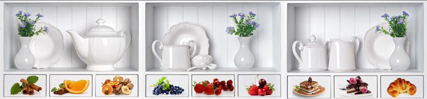 Изображение для стеклянного кухонного фартука, скинали: цветы, посуда, коллаж, ягоды, еда, fartux1559
