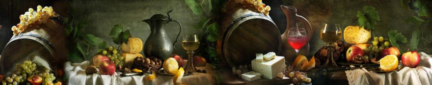 Изображение для стеклянного кухонного фартука, скинали: фрукты, вино, бочка, виноград, бокал, еда, fartux1561