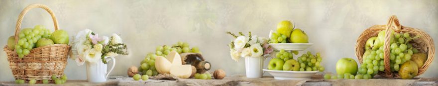 Изображение для стеклянного кухонного фартука, скинали: цветы, посуда, корзина, фрукты, виноград, fartux1565