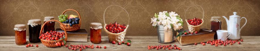 Изображение для стеклянного кухонного фартука, скинали: цветы, посуда, ягоды, банки, fartux1567