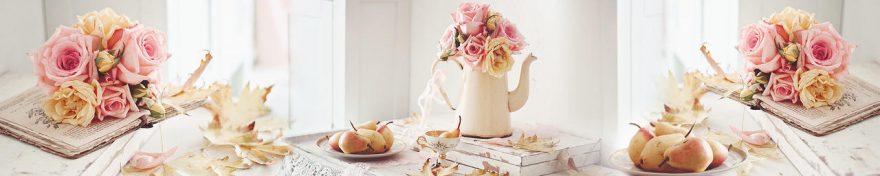 Изображение для стеклянного кухонного фартука, скинали: цветы, розы, чайники, книга, fartux692