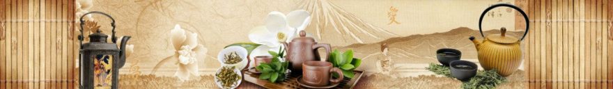 Изображение для стеклянного кухонного фартука, скинали: орхидеи, чай, кружка, чайники, fartux935