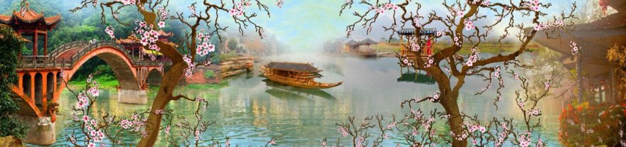 Изображение для стеклянного кухонного фартука, скинали: река, мост, лодки, сакура, япония, fartux936