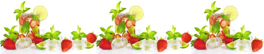 Изображение для стеклянного кухонного фартука, скинали: ягоды, клубника, лед, лайм, стаканы, мята, napitki010