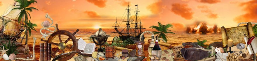 Изображение для стеклянного кухонного фартука, скинали: закат, море, пальмы, бутылка, карта, корабль, skin144