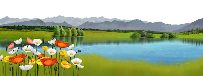 Изображение для стеклянного кухонного фартука, скинали: цветы, природа, горы, озеро, skinsty10